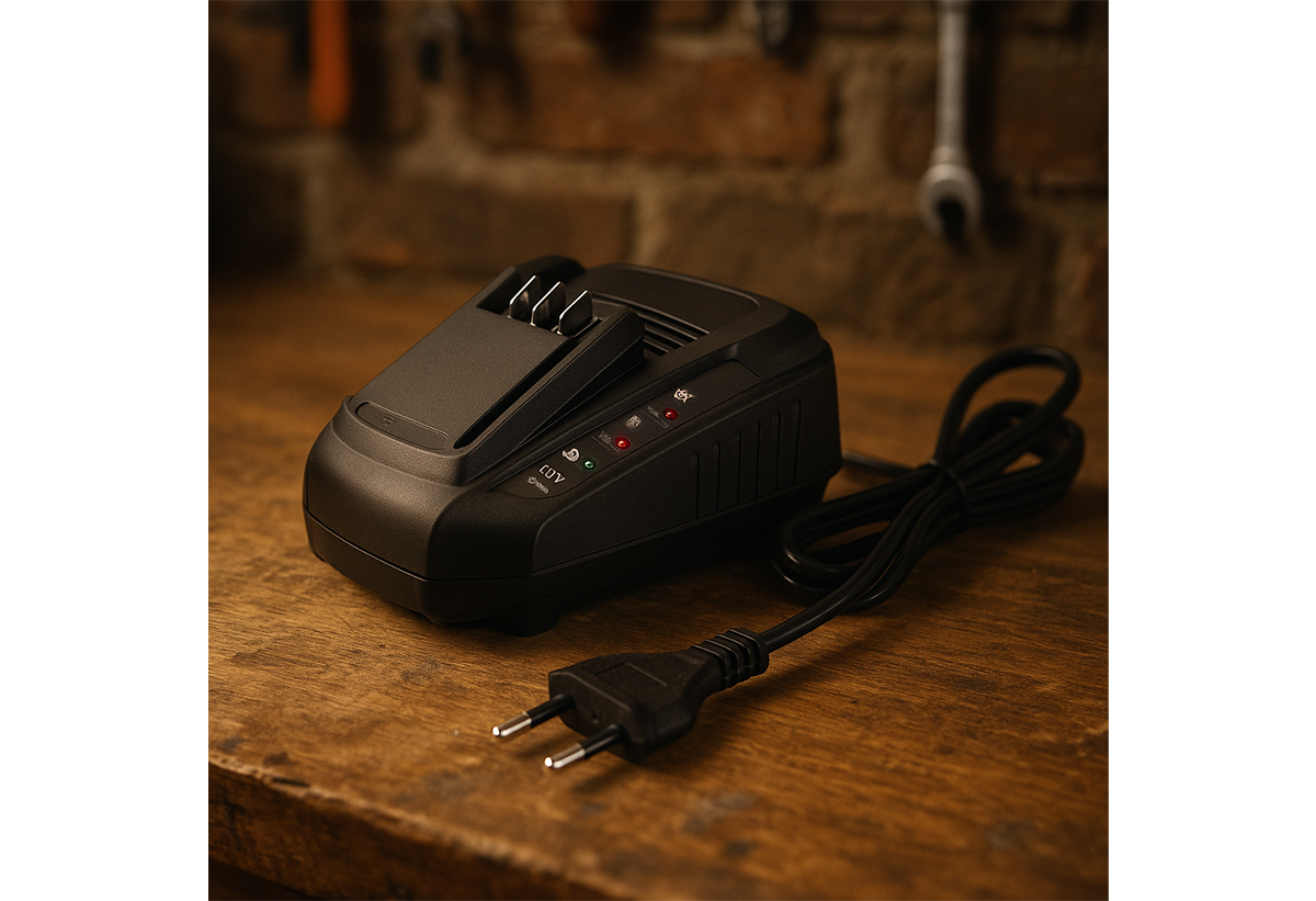 Απεικονίζεται ο φορτιστής πάνω σε πάγκο.